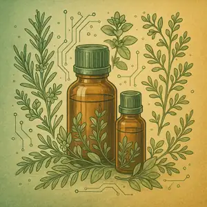 Amber essential oil bottles embedded in herbal circuitry—symbolic fusion of natural extraction and diagnostic precision
